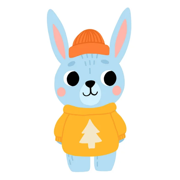 Cartoon Baby Rabbit Sweater Hat Cute Blue Winter Bunny Standing — Stock Vector