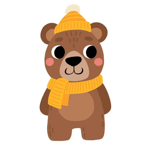 可爱的卡通画棕熊与帽子和围巾 儿童读物中孤立的病媒冬季插图 — 图库矢量图片
