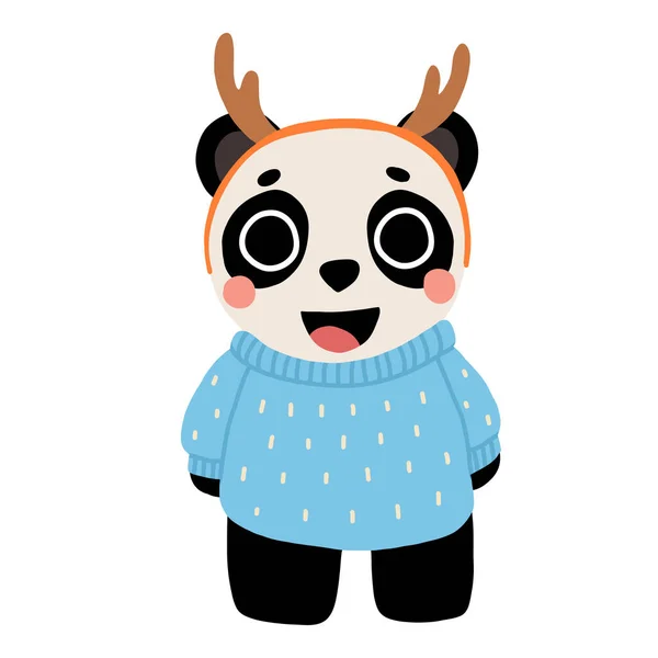 可爱的卡通片熊猫宝宝毛衫与鹿角笑 儿童读物中孤立的冬季病媒图解 — 图库矢量图片