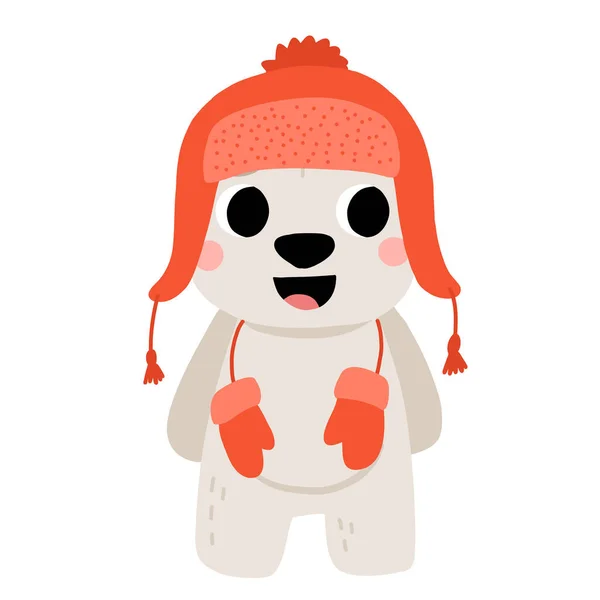 Χαριτωμένο Καρτούν Μωρό Πολική Αρκούδα Στο Καπέλο Και Γάντια Χαμογελώντας — Διανυσματικό Αρχείο