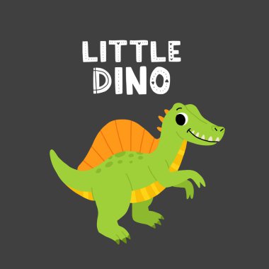 El çizimi karikatür spinosaurus. Küçük dinozor deyimiyle sevimli bir dino. Poster, tebrik kartı veya tişört için yazdır