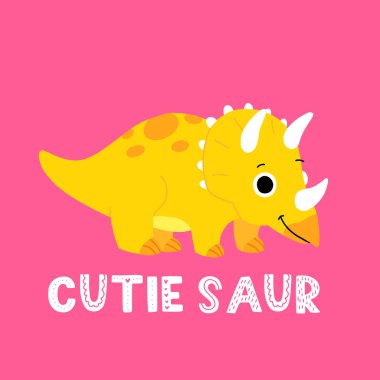El çizimi Triceratops çizgi filmi. Şirin bir dino ve sevimli bir saur. Poster, tebrik kartı veya tişört için yazdır