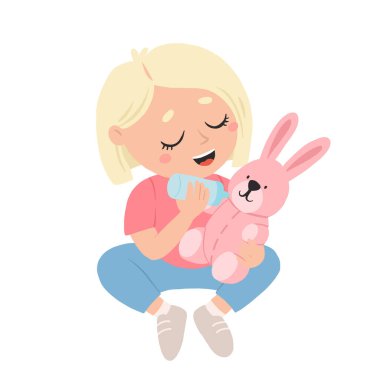 Çizgi filmdeki mutlu kız tavşanla oynuyor ve gülümsüyor. Beyaz arkaplanda izole edilmiş şirin vektör illüstrasyonu.