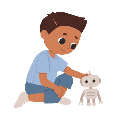 Çizgi filmdeki mutlu çocuk robotla oynuyor ve gülümsüyor. Beyaz arkaplanda izole edilmiş şirin vektör illüstrasyonu.