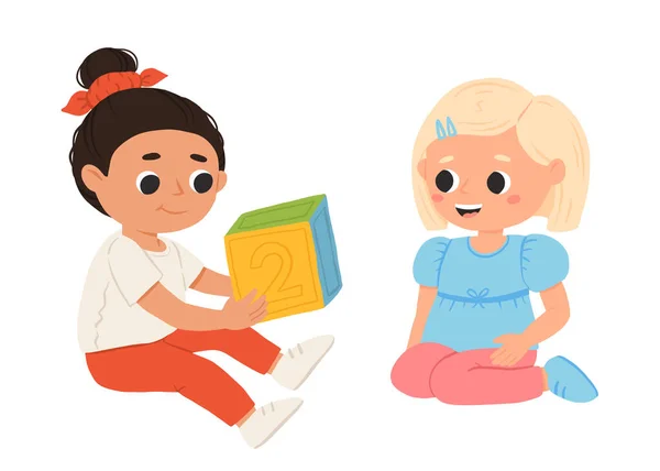 Cartoon Glückliche Mädchen Und Jungen Spielen Mit Zahlenwürfeln Und Lächeln — Stockvektor