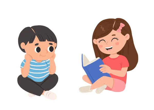 Мультфильм Счастливые Девочка Мальчик Читают Книгу Улыбаются Симпатичная Векторная Иллюстрация — стоковый вектор