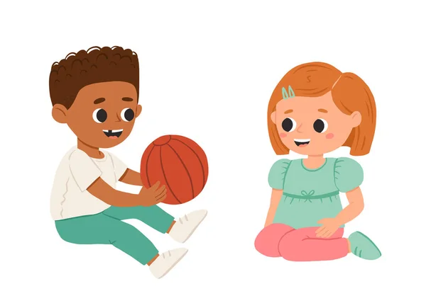 Cartoon Glückliche Mädchen Und Jungen Die Mit Ball Spielen Und — Stockvektor