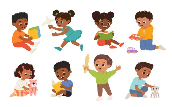 色の子供たち 子供たちは楽しい時間を過ごし 良い気分で 遊び場で遊んでいます 就学前の子供は楽しいです 幼稚園 小学校での子供の活動 — ストックベクタ