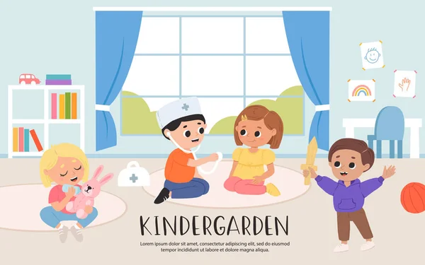 Kids Play Toys Games Together Kindergarden Cartoon Playroom Children — Stock Vector