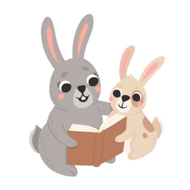Sevimli anne ve bebek tavşan çizgi film tarzında kitap okuma ikonu. Tavşan evcil hayvan silueti. Çocuk kitapları, kartpostallar ve posterler için anne ve çocuk rengarenk çizimler.