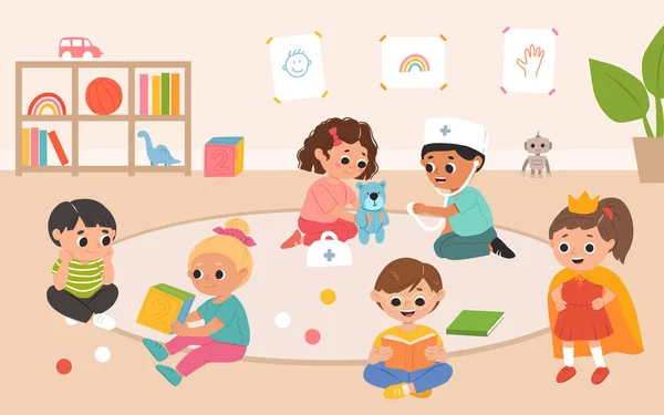Dzieci Bawią Się Razem Zabawkami Grami Przedszkolu Kreskówka Pokój Zabaw — Wektor stockowy