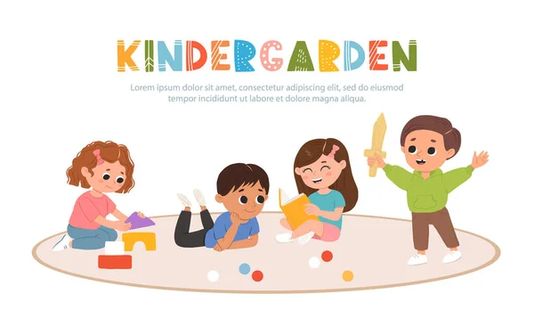 Lapset Pelaavat Leluja Pelejä Yhdessä Lastentarhassa Sarjakuva Leikkihuone Lasten Kanssa kuvapankin vektorikuva