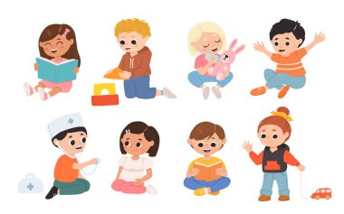 Çocuklar, çocuklar birlikte oynayıp eğleniyorlar. Keyfleri yerinde, oyun odasında, oyun alanında oynuyorlar. Anaokulu çocukları eğleniyor. Anaokulunda, anaokulunda çocuk aktivitesi.