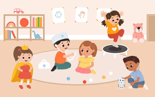 Lapset Pelaavat Leluja Pelejä Yhdessä Lastentarhassa Sarjakuva Leikkihuone Lasten Kanssa kuvituskuva
