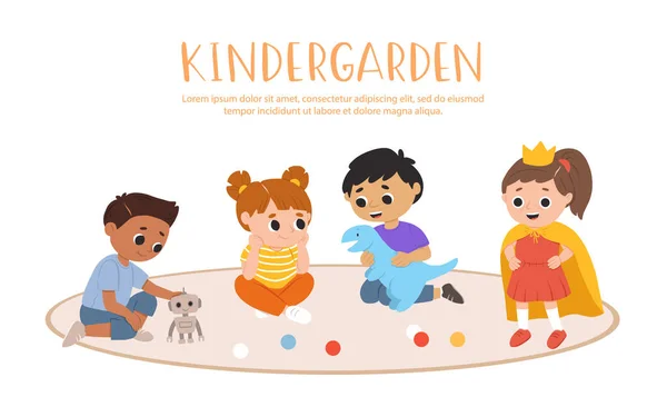 Børn Spiller Legetøj Spil Sammen Børnehaven Tegnefilm Legerum Med Børn vektorgrafik