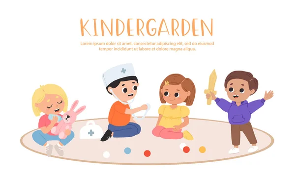 孩子们在花园一起玩玩具和游戏 有孩子的卡通游戏室 — 图库矢量图片