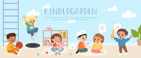 Crianças Jogam Brinquedos Jogos Juntos Jardim Infância Sala Jogos Dos Ilustração De Bancos De Imagens
