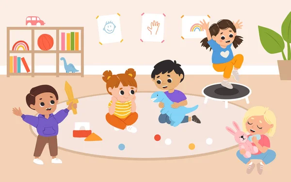 Børn Spiller Legetøj Spil Sammen Børnehaven Tegnefilm Legerum Med Børn vektorgrafik