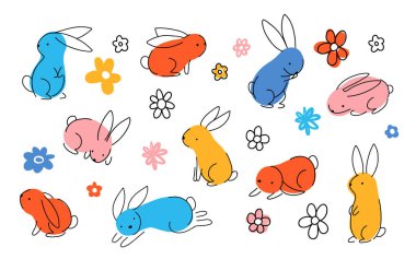 Basit bir Paskalya tavşanı seti. Renkli Tavşan simgesi. Paskalya tavşanının çizgi çizimi siyah ve beyaz minimalist el çizimi vektör çizimi. Beyaz arkaplanda izole.