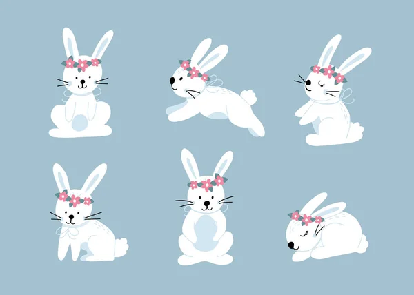 Søte Kaniner Tegneseriestil Kyllingsilhuett Ulike Positurer Hare Kaninfargerike Illustrasjoner Barnebøker – stockvektor