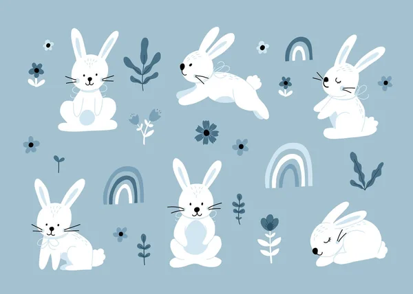 Søte Kaniner Tegneseriestil Kyllingsilhuett Ulike Positurer Hare Kaninfargerike Illustrasjoner Barnebøker – stockvektor