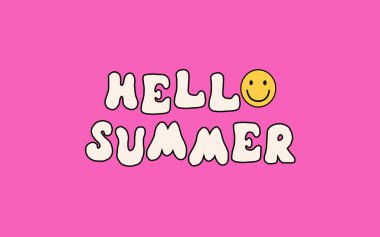 Merhaba yaz, soyut ve aydınlık bir arkaplan. Yazla ilgili fırça harfleri olan renkli bir poster. Retro renk tarzında canlı illüstrasyon. Eski renkler ve şekiller.