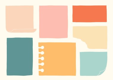 Çeşitli kâğıt notlar. Hatırlatma için renkli panolar, program, liste, planlama, yap ve yapma, son teslim tarihi. El çizimi vektör çizimi, sevimli ve retro stili. Tüm elementler izole edildi.