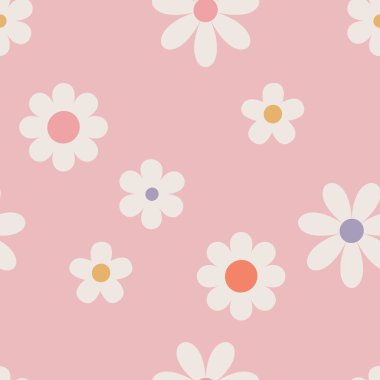 70 'li yılların çiçek desenli ve harika papatya çiçekleri. Retro çiçekli naif vektör tasarımı. 60 'ların, 70' lerin, 80 'lerin tarzı