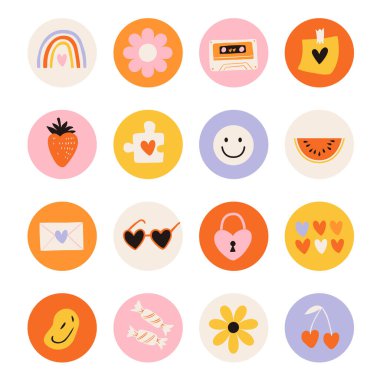 Elementlerin yuvarlak simgeleri, 70 'lerin modası geçmiş hippi tarzı. Retro çizgi film tarzında çeşitli önemli öğelerin vektör kümesi. Papatya çiçekleri, çilek, aşk, güneş ışığı, bardaklar, gökkuşağı, karpuz vs..