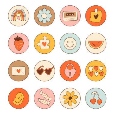 Elementlerin yuvarlak simgeleri, 70 'lerin modası geçmiş hippi tarzı. Retro çizgi film tarzında çeşitli önemli öğelerin vektör kümesi. Papatya çiçekleri, çilek, aşk, güneş ışığı, bardaklar, gökkuşağı, karpuz vs..
