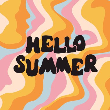 Merhaba yaz, soyut ve aydınlık bir arkaplan. Yazla ilgili fırça harfleri olan renkli bir poster. Retro renk tarzında canlı illüstrasyon. Eski renkler ve şekiller.