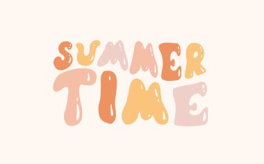 Merhaba yaz, soyut ve aydınlık bir arkaplan. Yazla ilgili fırça harfleri olan renkli bir poster. Retro renk tarzında canlı illüstrasyon. Eski renkler ve şekiller.