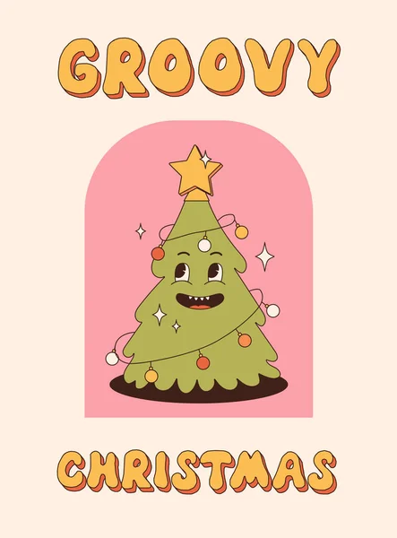 Merry Christmas Happy New Year Christmas Tree Trendy Retro Cartoon — Stock Vector