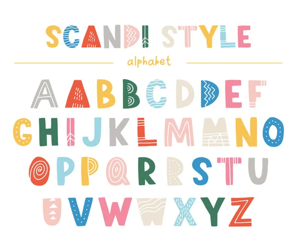 Scandinavische Kleurrijke Lettertype Vector Kinderlijke Hand Getekend Alfabet Hygge Stijl — Stockvector