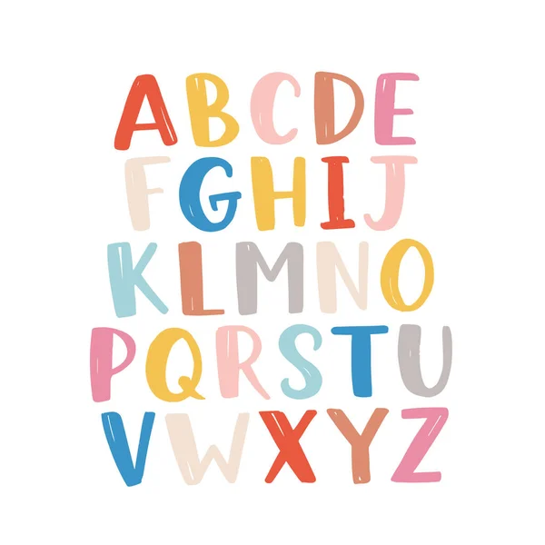北欧のカラフルなフォント ベクトル子供っぽい手描きのアルファベット スタイルの文字が大きい 幸せな日系家族 — ストックベクタ
