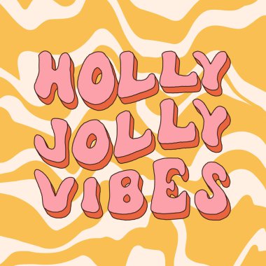 Havalı hippi Noel çıkartmaları. Noel Baba, ağaç, gülümse, huzur, gökkuşağı modaya uygun eski çizgi film tarzında. Mutlu Noeller ve mutlu yıllar tebrik kartı, poster, baskı, parti davetiyesi, geçmiş.