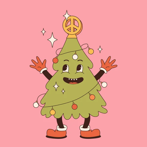 Groovy Hippie Christmas Rainbow Christmas Tree Trendy Retro Cartoon Style — Stock Vector