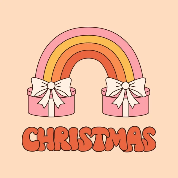Christmas Retro Greeting Card Groovy Rainbow Gifts Holiday Objects Lettering — Stock Vector