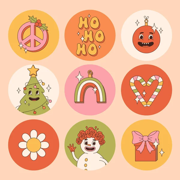 Groovy Hippie Christmas Stickers Santa Claus Tree Smile Peace Rainbow — Stock Vector