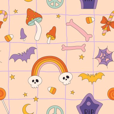 Hippie Groovy cadılar bayramı balkabağı hayaleti papatya çiçekleri vektörsüz desen. 70 'lerin Retro 60' ları Boho sonbahar tatili sebze tarlası. Ürkütücü Çiçek güç yüzey tasarımı.