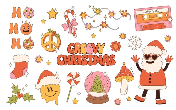 Stilig Hippie Juleklistremerke Julenissen Juletreet Gaver Regnbuen Fred Julestemning Vinter – stockvektor