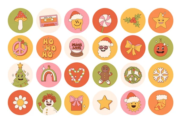 Groovy Hippie Christmas Stickers Santa Claus Christmas Tree Gifts Rainbow — Stock Vector