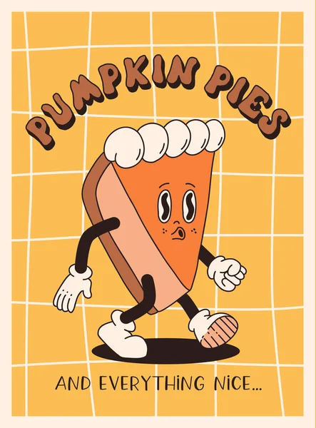 Lustige Retro Herbst Grußkarte Mit Retro Cartoon Kürbisfigur Fetzigen 70Er — Stockvektor