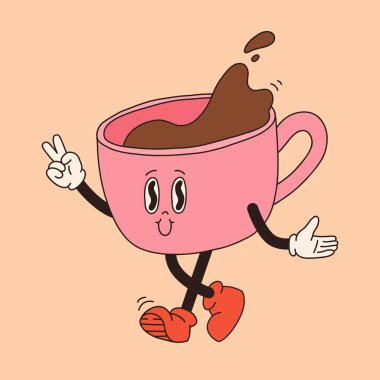 Kahve maskotu, çizgi film karakterleri, komik karalama stili karakterler, cappuccino, kakao, latte, espresso. İzole edilmiş bej arkaplan üzerindeki vektör illüstrasyonu.