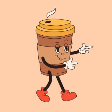 Kahve maskotu, çizgi film karakterleri, komik karalama stili karakterler, cappuccino, kakao, latte, espresso. İzole edilmiş bej arkaplan üzerindeki vektör illüstrasyonu.