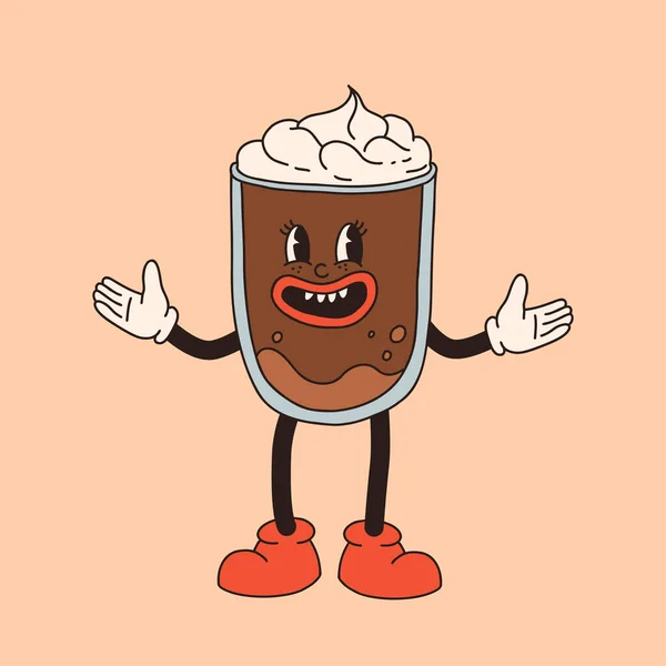 Retro Poster Mit Kaffee Maskottchen Comicfiguren Lustigen Bunten Kritzelfiguren Cappuccino — Stockvektor