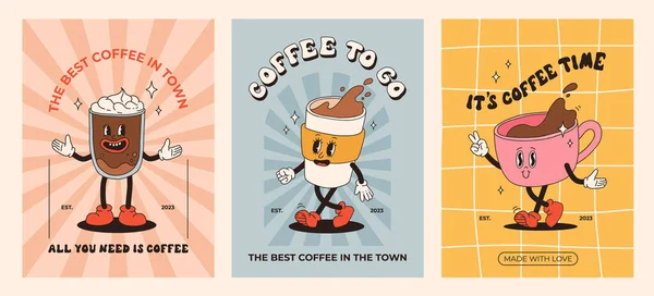 Retro Poster Set Mit Kaffee Maskottchen Comicfiguren Lustigen Bunten Kritzelfiguren — Stockvektor