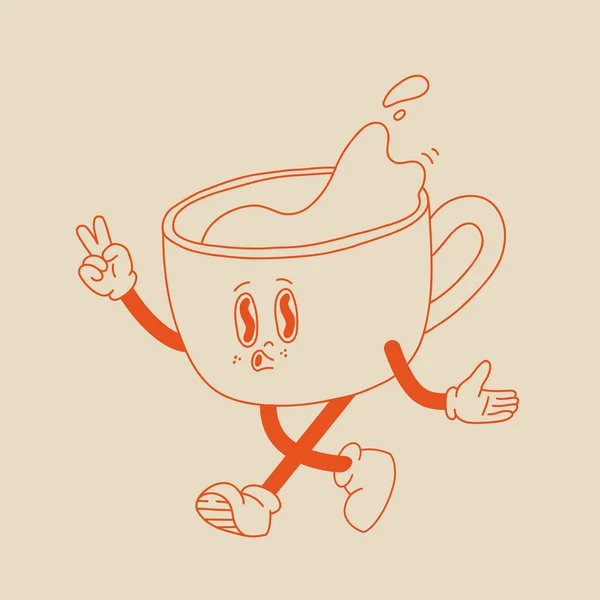 Retro Plakat Med Kaffemaskot Tegneseriefigurer Rare Figurer Doodle Stilen Cappuccino – stockvektor