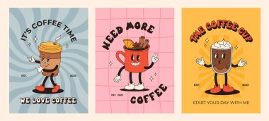 Kahve maskotlu Retro poster seti, çizgi film karakterleri, komik renkli karalama stili karakterler, cappuccino, kakao, latte, espresso. Tipografi ögeleri ile vektör illüstrasyonu