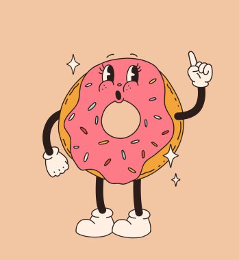 Retro tatlı karakteri. Şirin maskot şekerlemeleri, yürüyen tatlı yiyecekler, komik yüzlü klasik çörekler, pastane karakterleri vektörü seti.